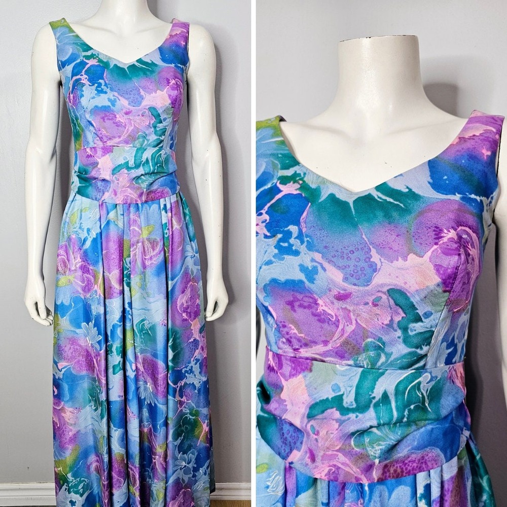 Vintage 1960s Floral Wide Leg Blue And Purple Jumpsuit